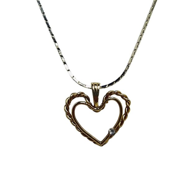 Gold Tone Box Chain Necklace With Rhinestone Heart Pendant (5706) - Picture 2 of 5